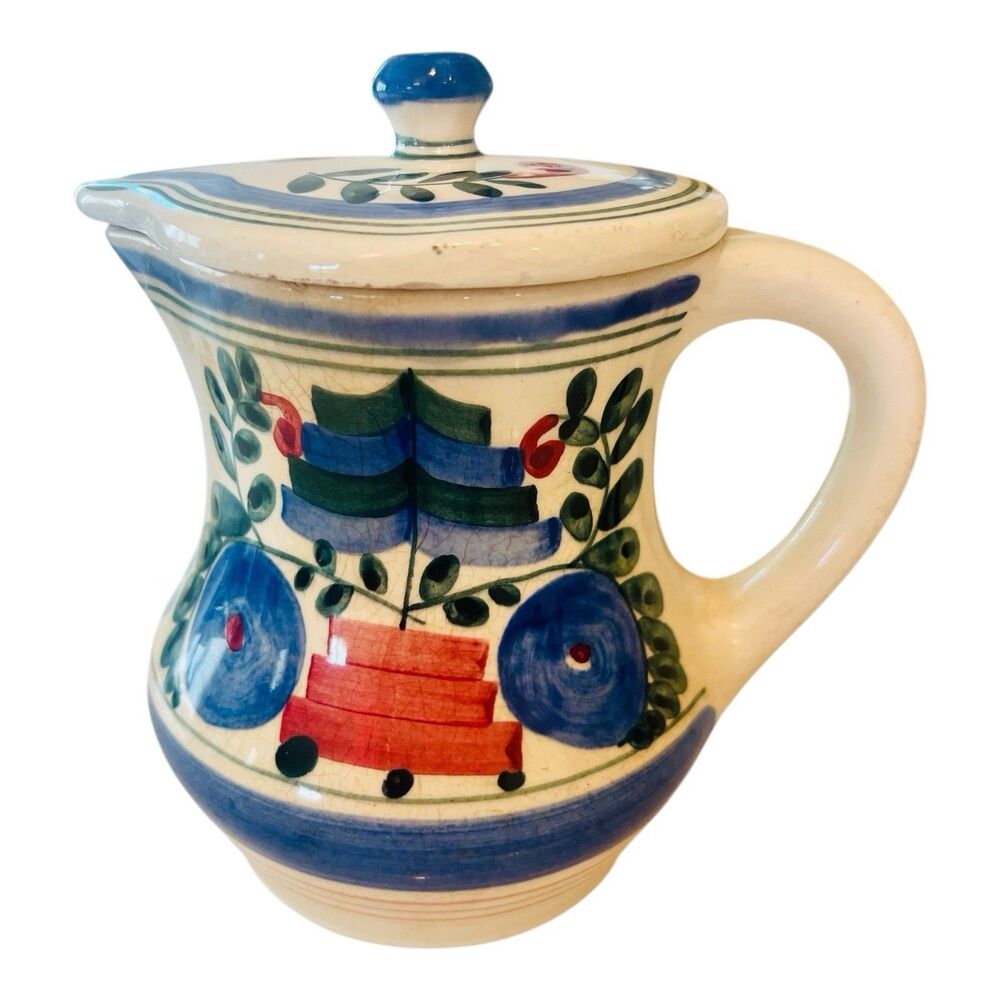 Vintage Persian Ware Germany Covered Pitcher Hand Painted Pottery Crackle Glaze